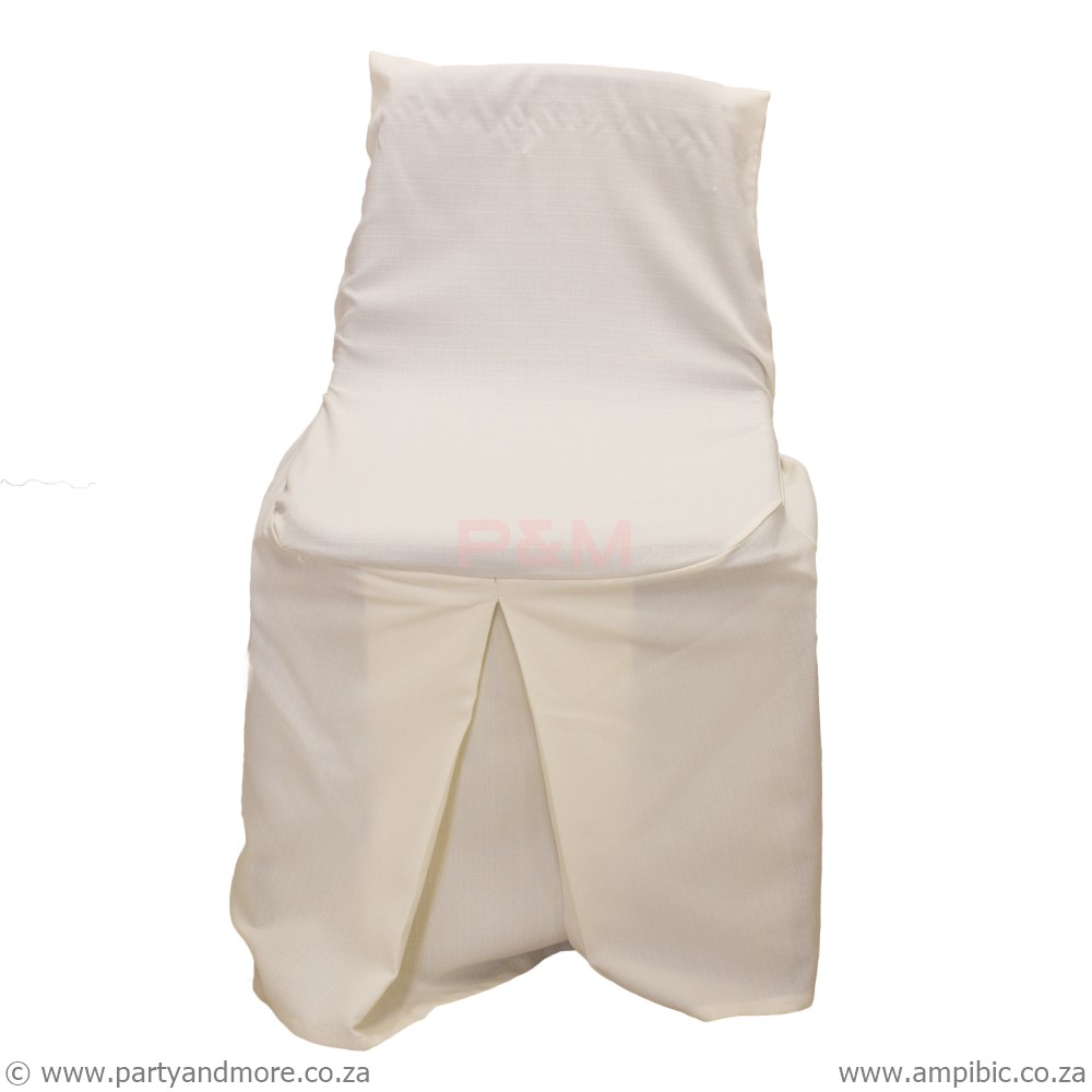 Cream skirt chaircover used for adult plastic chairs